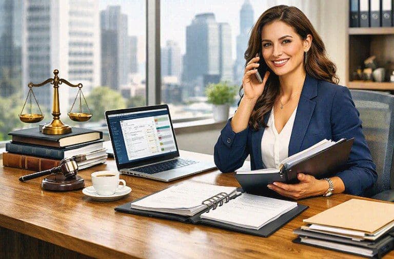 وکیل زن حرفهای در حال بررسی پرونده حقوقی موکل خود در دفتر کار مدرن
