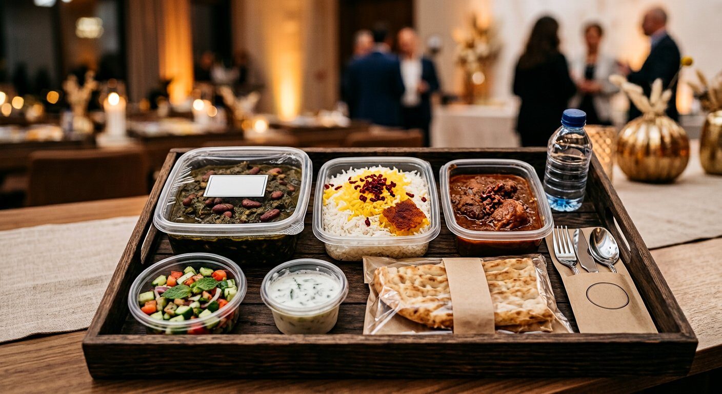شام سازمانی شامل خورش قورمه‌سبزی، برنج، نان گرم و سالاد در بسته‌بندی بهداشتی